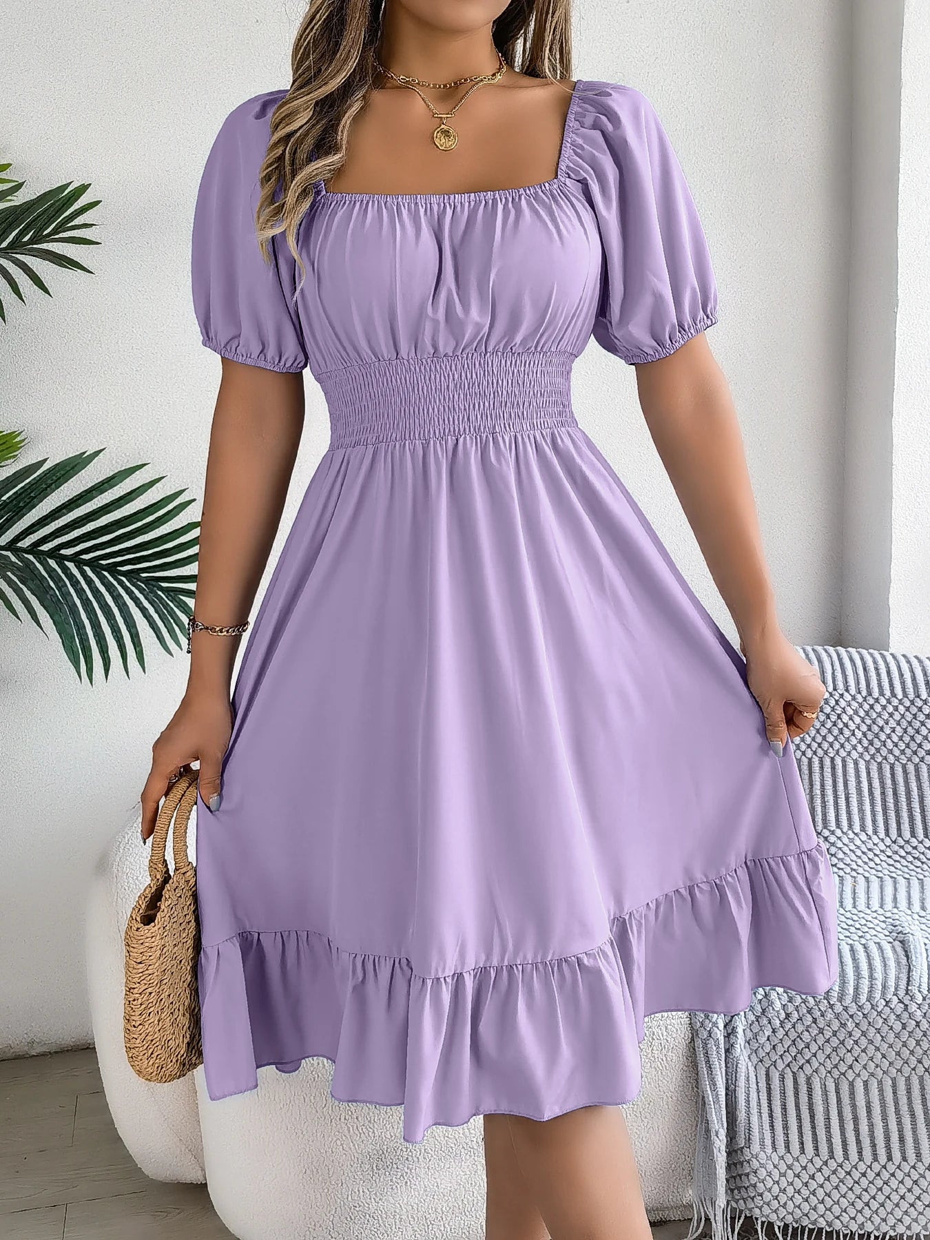 Spring and Summer Elegant High Waisted Dress Square Neck Short Sleeved Ruffled Edge Long Dresses for Women