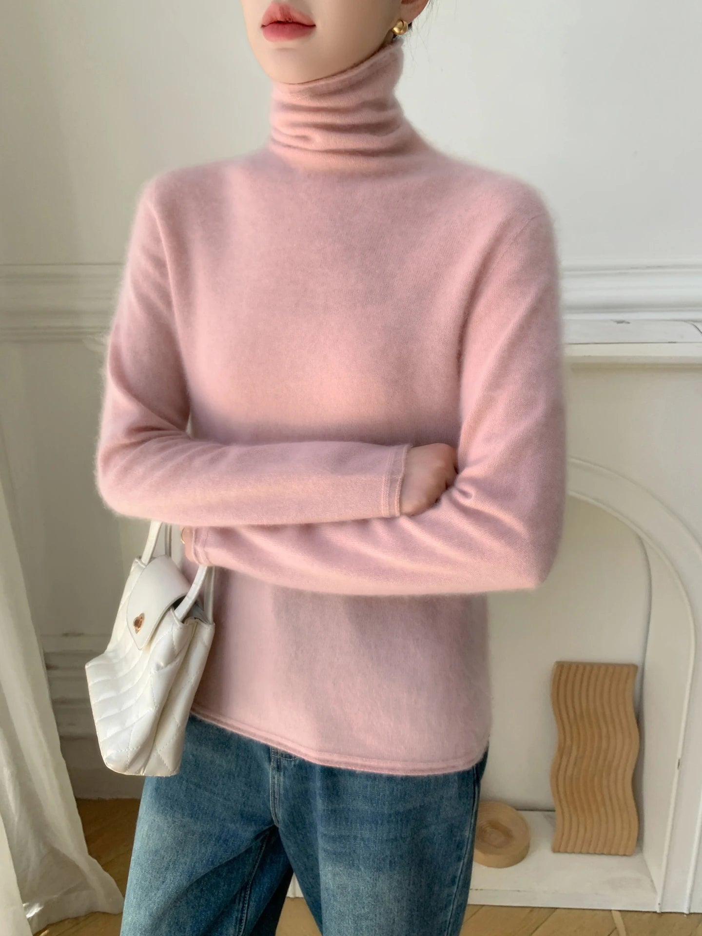 Autumn/Winter Women's 100% Pure Cashmere Sweater Casual Knit Pullover Turtleneck Slim Fit Tops Basic Pile Collar Jumper Female