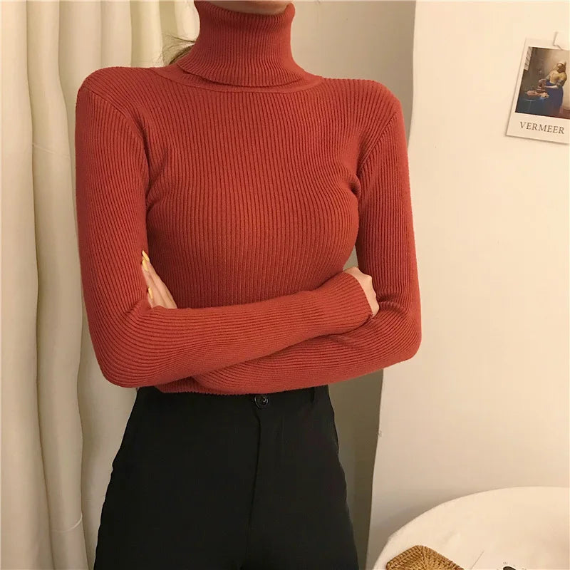 Women Heap Turtleneck Autumn Winter Sweater New Fashion Pullover Elastic Knit Ladies Jumper Casual Solid Soft Female Basic Tops