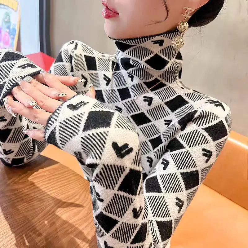 ChicAura Argyle Knit Turtleneck Pullover for Women