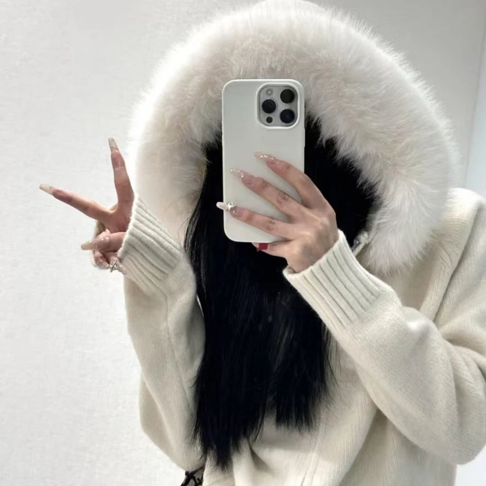 Knitwear Cardigan Women Spring Fashion Knitted Jacket Female Autumn Hooded Real Fox Fur Coat Natural Short Fur Coat Casual