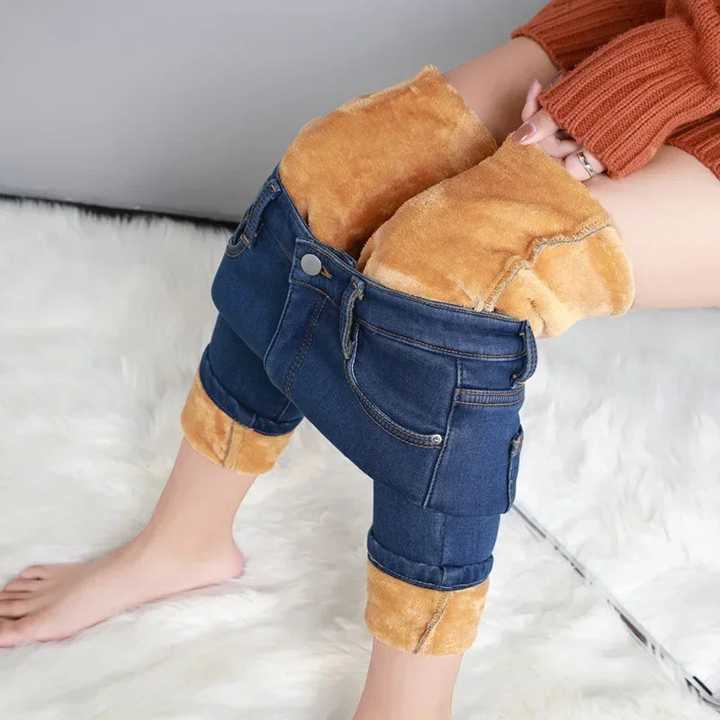 Women’s Winter Thermal Fleece Jeans – High Waist Warm Stretch Denim Pants