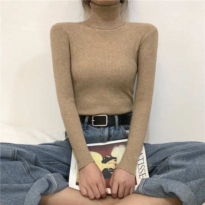 Women Heap Turtleneck Autumn Winter Sweater New Fashion Pullover Elastic Knit Ladies Jumper Casual Solid Soft Female Basic Tops
