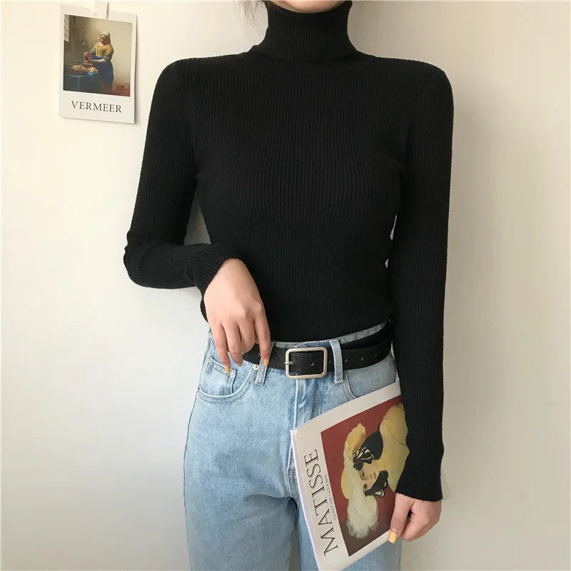Women Heap Turtleneck Autumn Winter Sweater New Fashion Pullover Elastic Knit Ladies Jumper Casual Solid Soft Female Basic Tops
