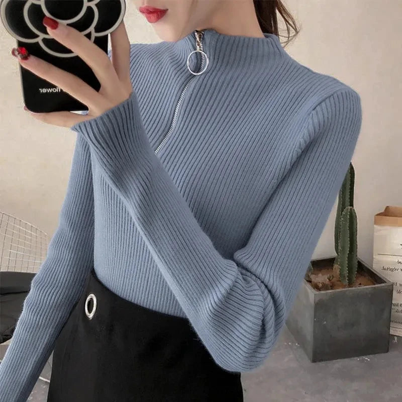 AOSSVIAO Casual Half-High Collar Zipper Sweater