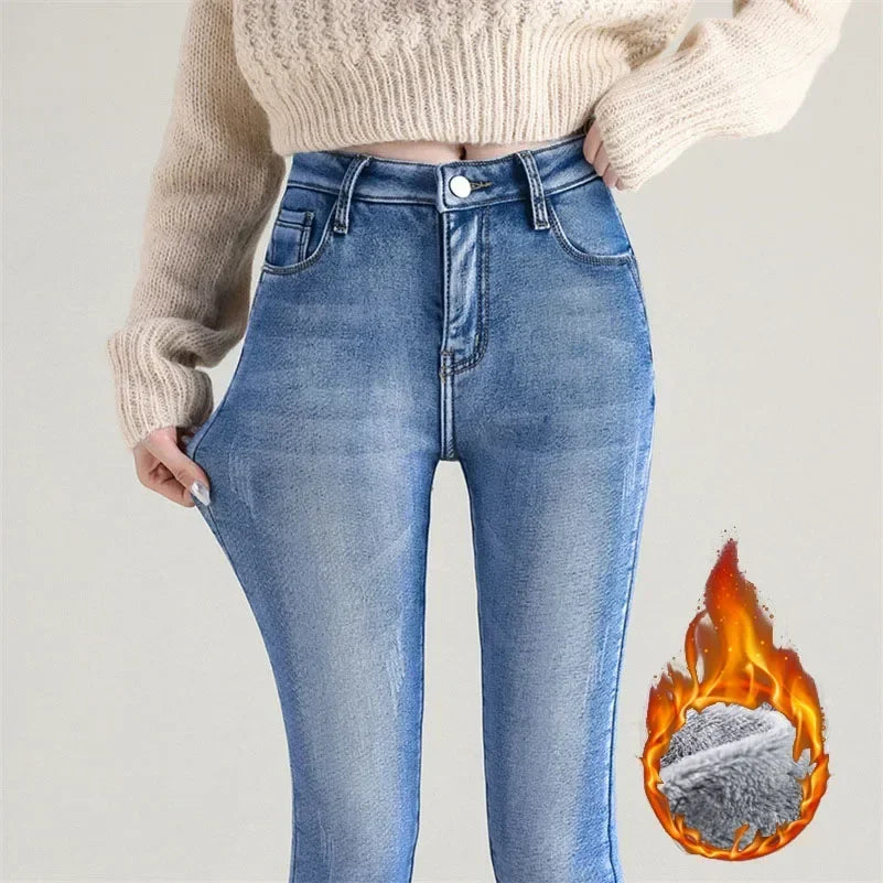 Women’s Winter Thermal Fleece Jeans – High Waist Warm Stretch Denim Pants