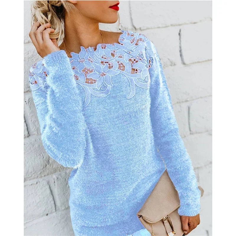 CALMEANNY Lace-Trim Loose Office Blouse for Women