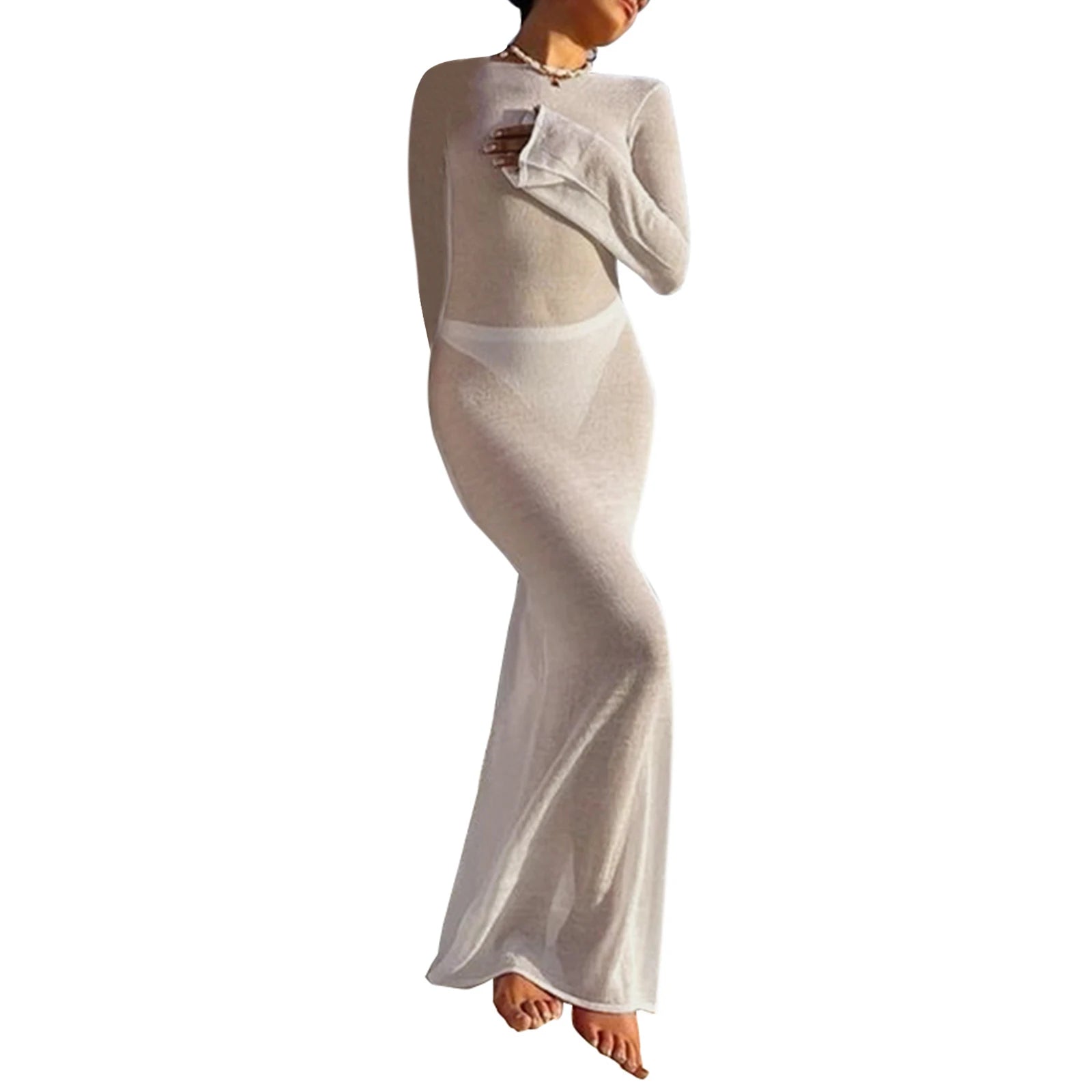 Women's Sheer Wrap Beach Dress – Long Sleeve Backless Summer Cover-Up