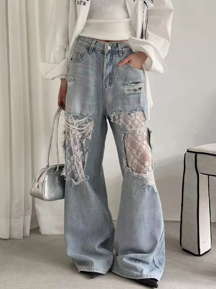 Women’s Y2K High-Waist Wide Leg Jeans – Lace Patchwork Vintage Denim Pants