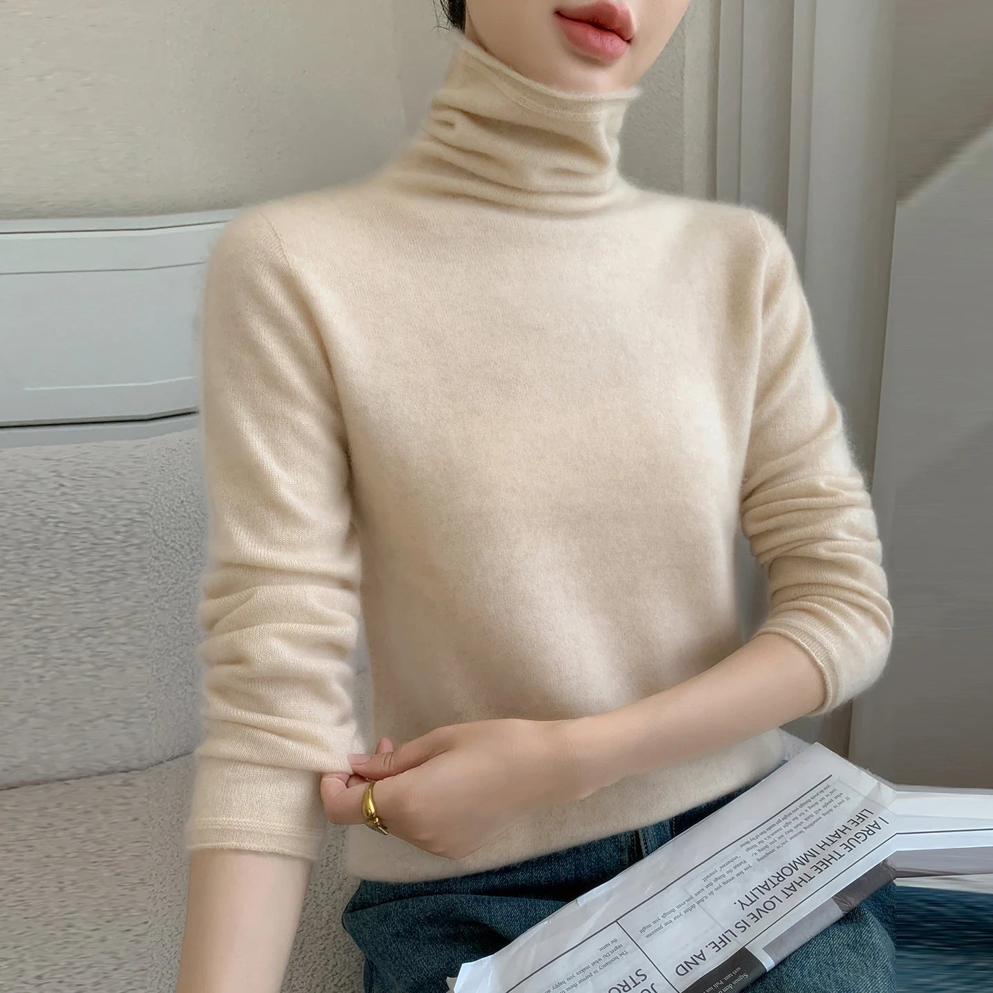 Autumn/Winter Women's 100% Pure Cashmere Sweater Casual Knit Pullover Turtleneck Slim Fit Tops Basic Pile Collar Jumper Female